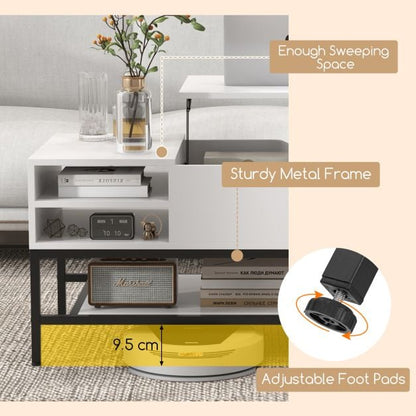 Lift Top Coffee Table with Hidden Compartment and Removable Shelf-White