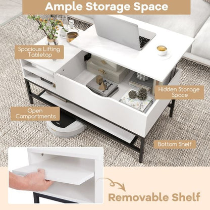Lift Top Coffee Table with Hidden Compartment and Removable Shelf-White