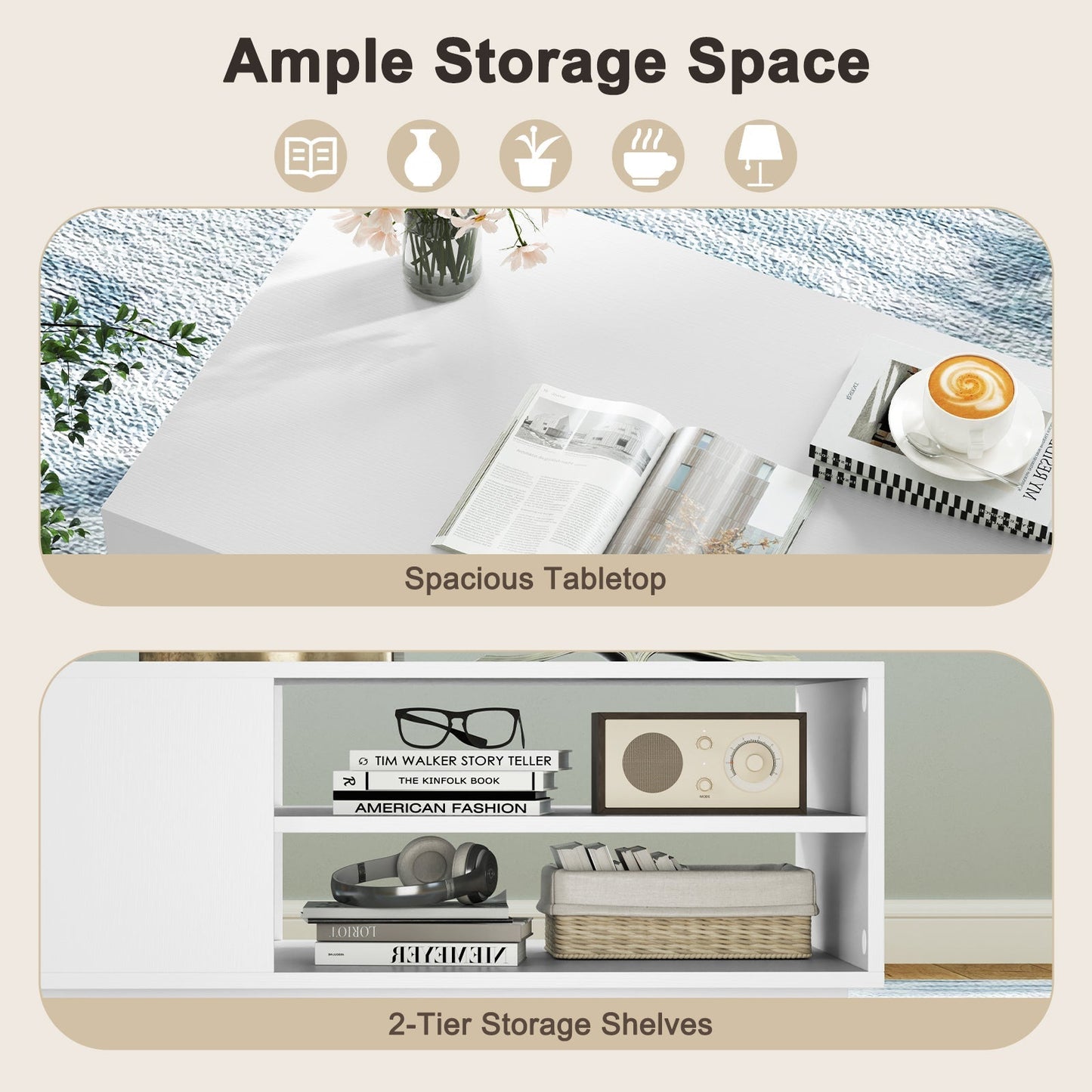 Wooden coffee table with storage space &amp; open compartments living room table side table sofa table white