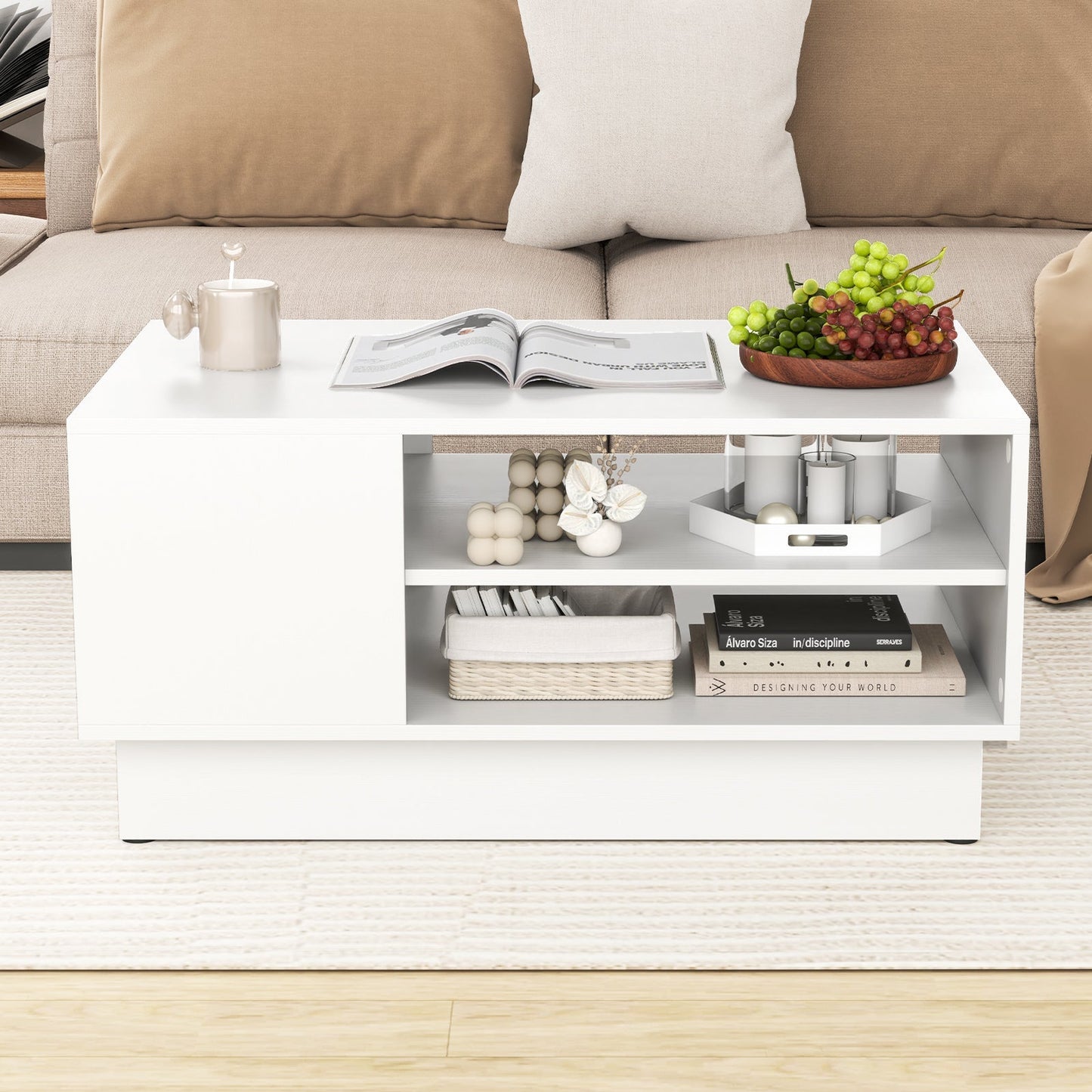 Wooden coffee table with storage space &amp; open compartments living room table side table sofa table white