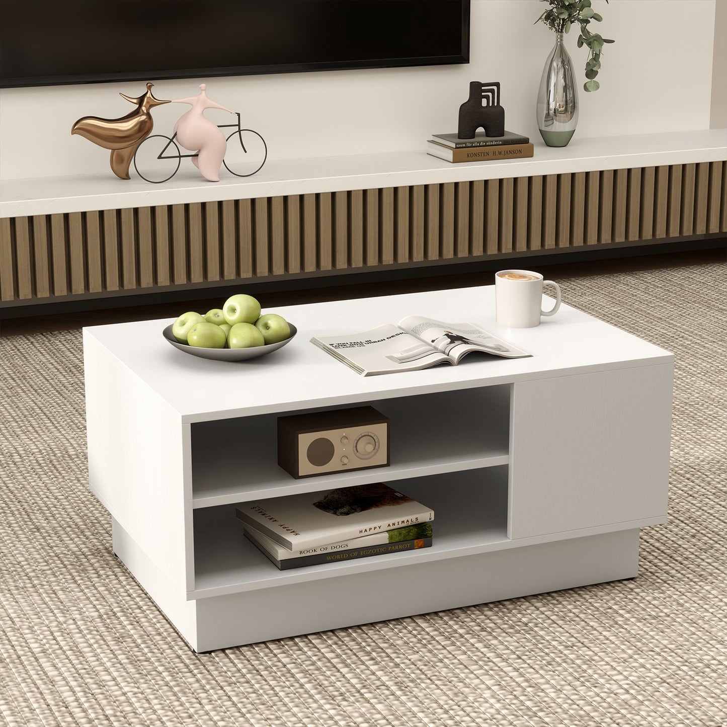 Wooden coffee table with storage space &amp; open compartments living room table side table sofa table white