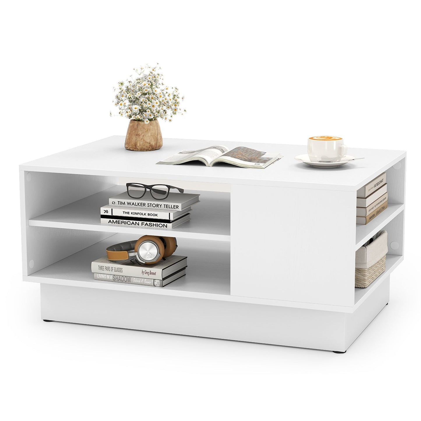 Wooden coffee table with storage space &amp; open compartments living room table side table sofa table white