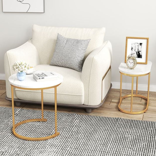 Set of 2 coffee tables with marble look, wooden side table with gold-colored metal legs