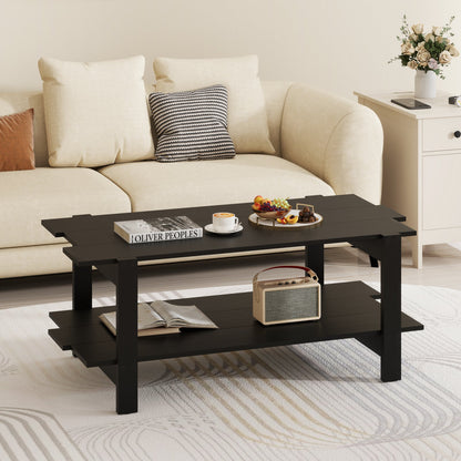 2-Tier Coffee Table Slatted Wood Center Table with Storage Shelf Accent Cocktail Table 120kg Capacity Black