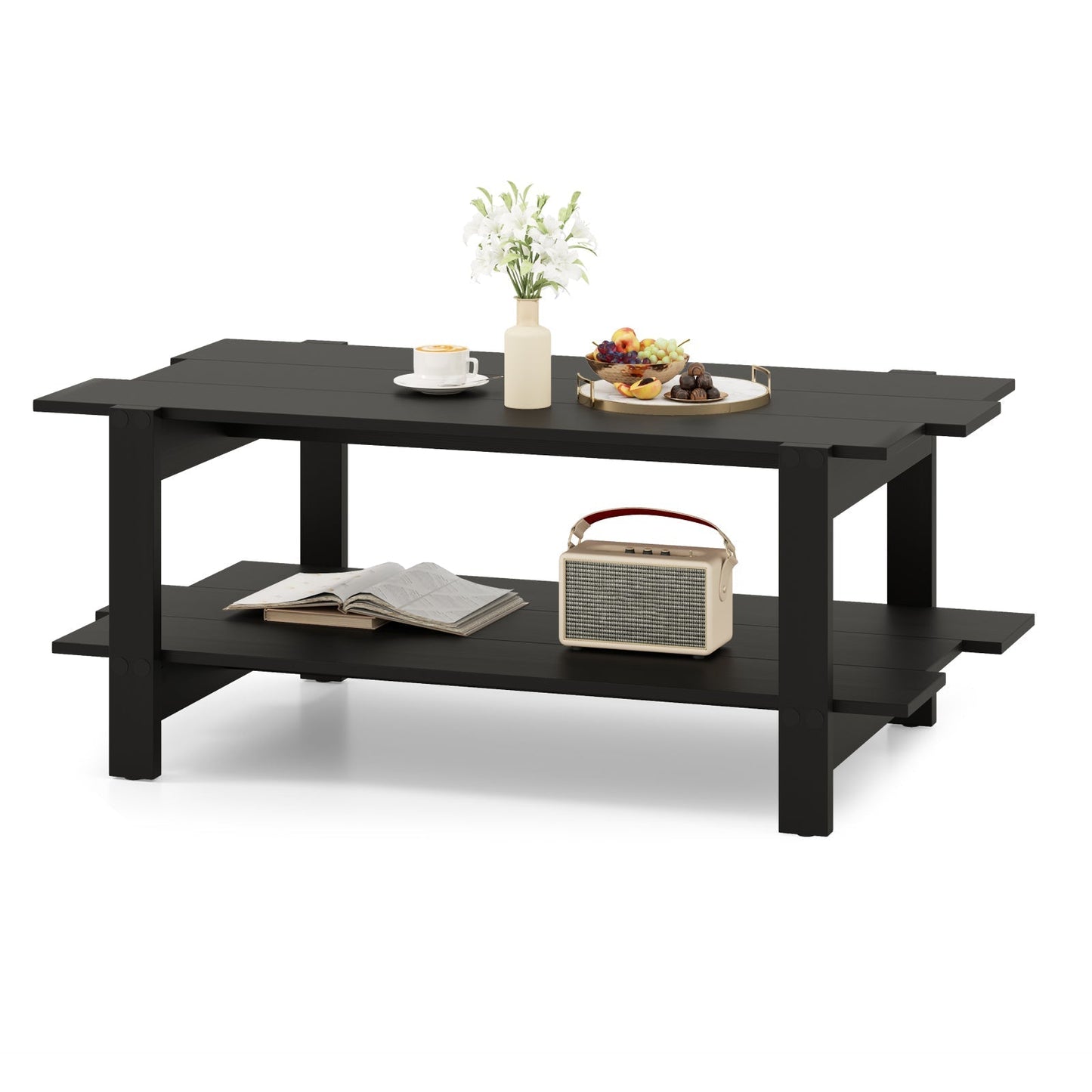 2-Tier Coffee Table Slatted Wood Center Table with Storage Shelf Accent Cocktail Table 120kg Capacity Black