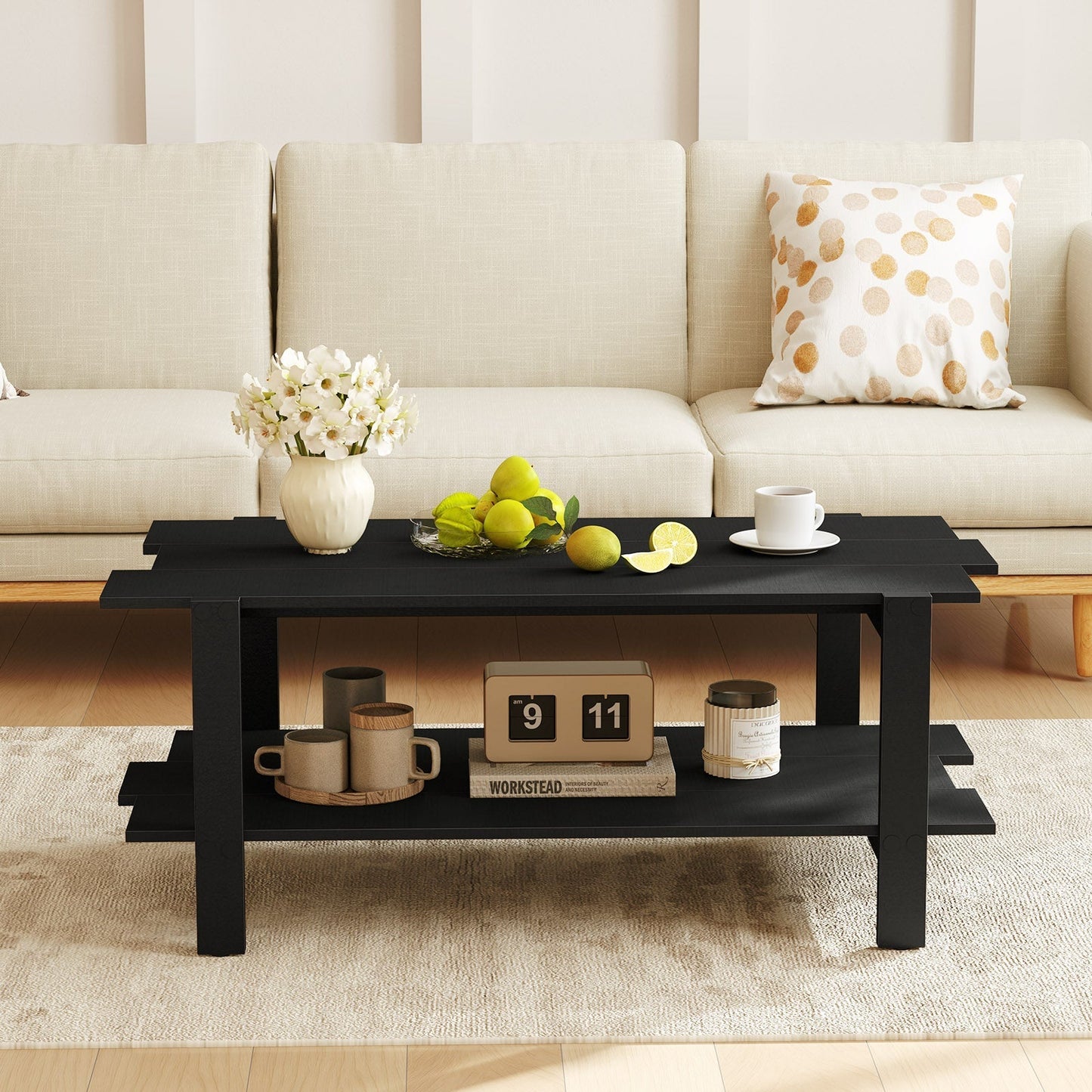 2-Tier Coffee Table Slatted Wood Center Table with Storage Shelf Accent Cocktail Table 120kg Capacity Black