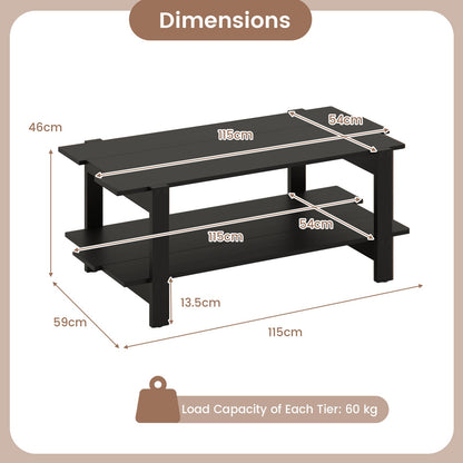 2-Tier Coffee Table Slatted Wood Center Table with Storage Shelf Accent Cocktail Table 120kg Capacity Black