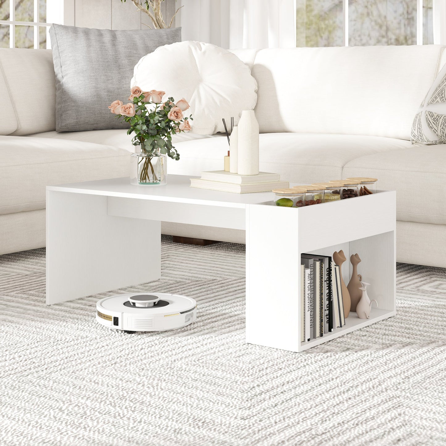 Coffee Table 85cm Coffee Table with Double-Layer Storage Space-White