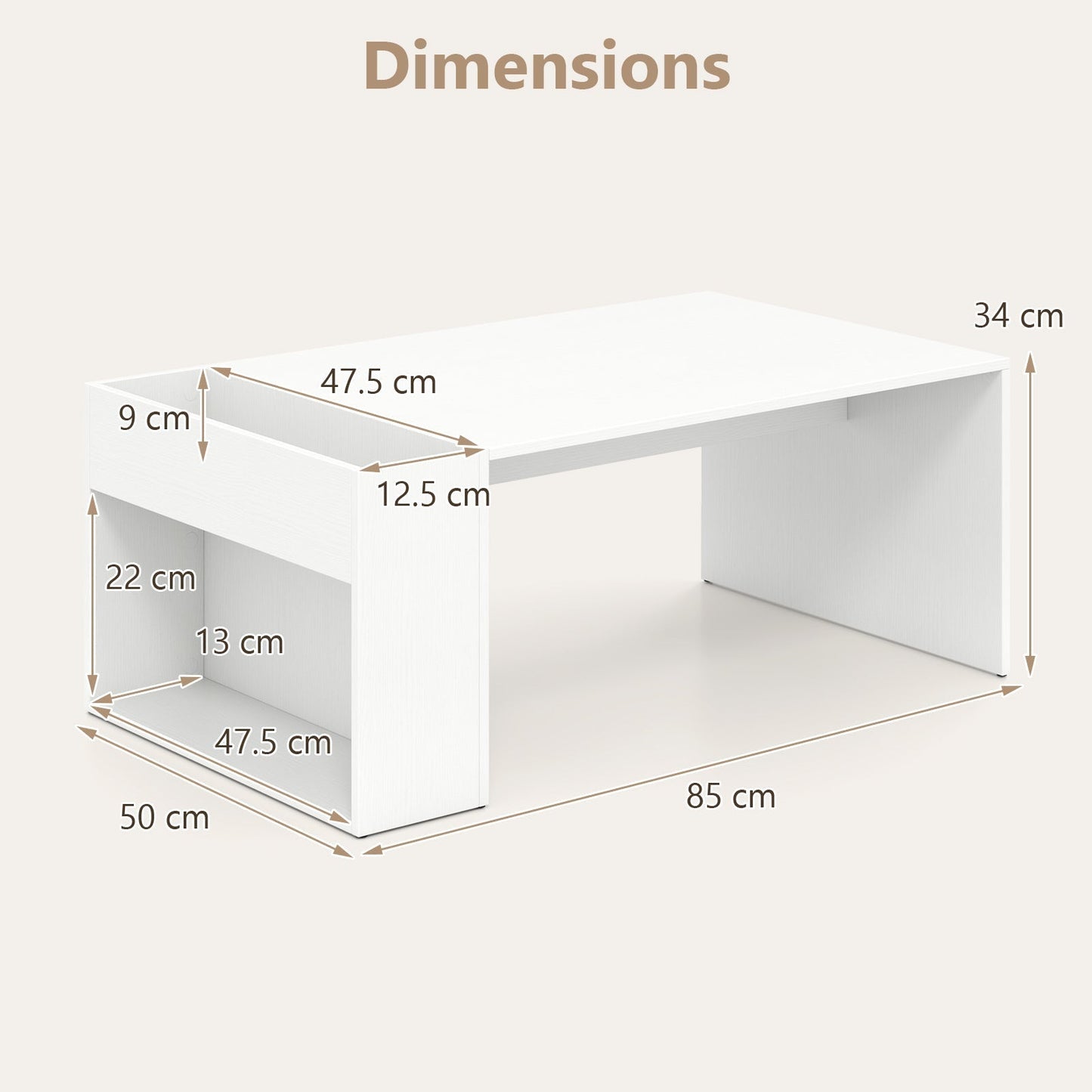 Coffee Table 85cm Coffee Table with Double-Layer Storage Space-White