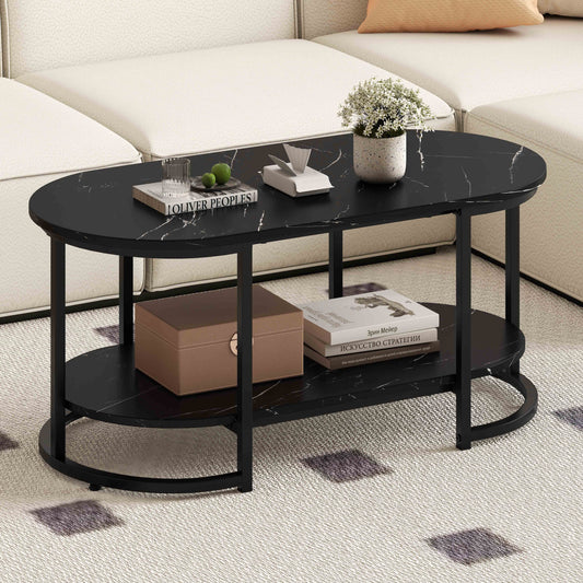 Marble Coffee Table with Open Storage Shelf-Black