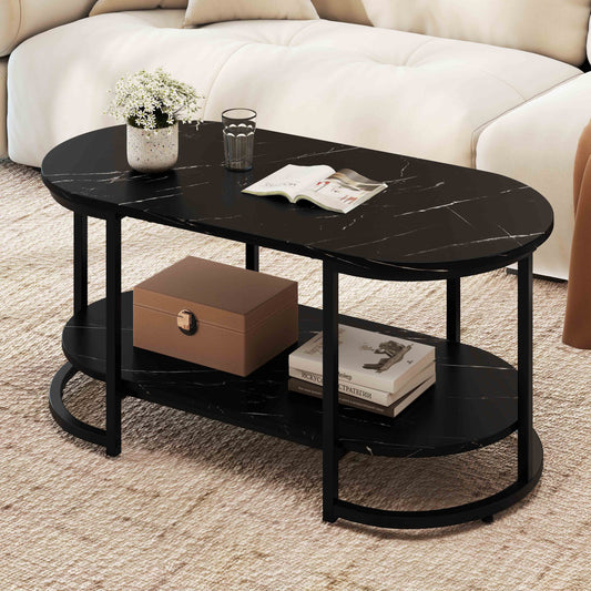 Marble Coffee Table with Open Storage Shelf-Black