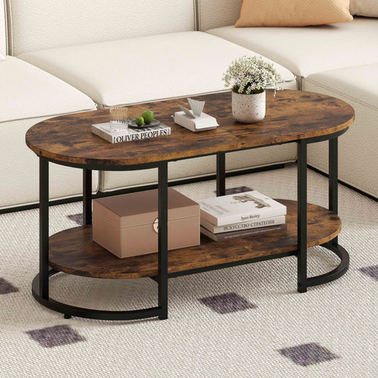 Marble Coffee Table with Open Storage Shelf-Rustic Brown