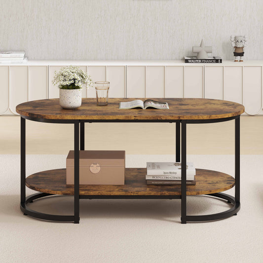 Marble Coffee Table with Open Storage Shelf-Rustic Brown