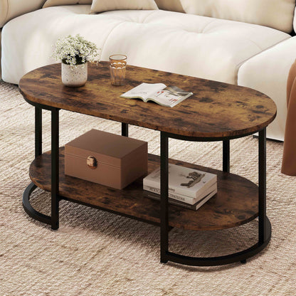 Marble Coffee Table with Open Storage Shelf-Rustic Brown