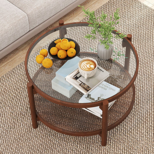 78cm Round Coffee Table with Tempered Glass Top-Natural