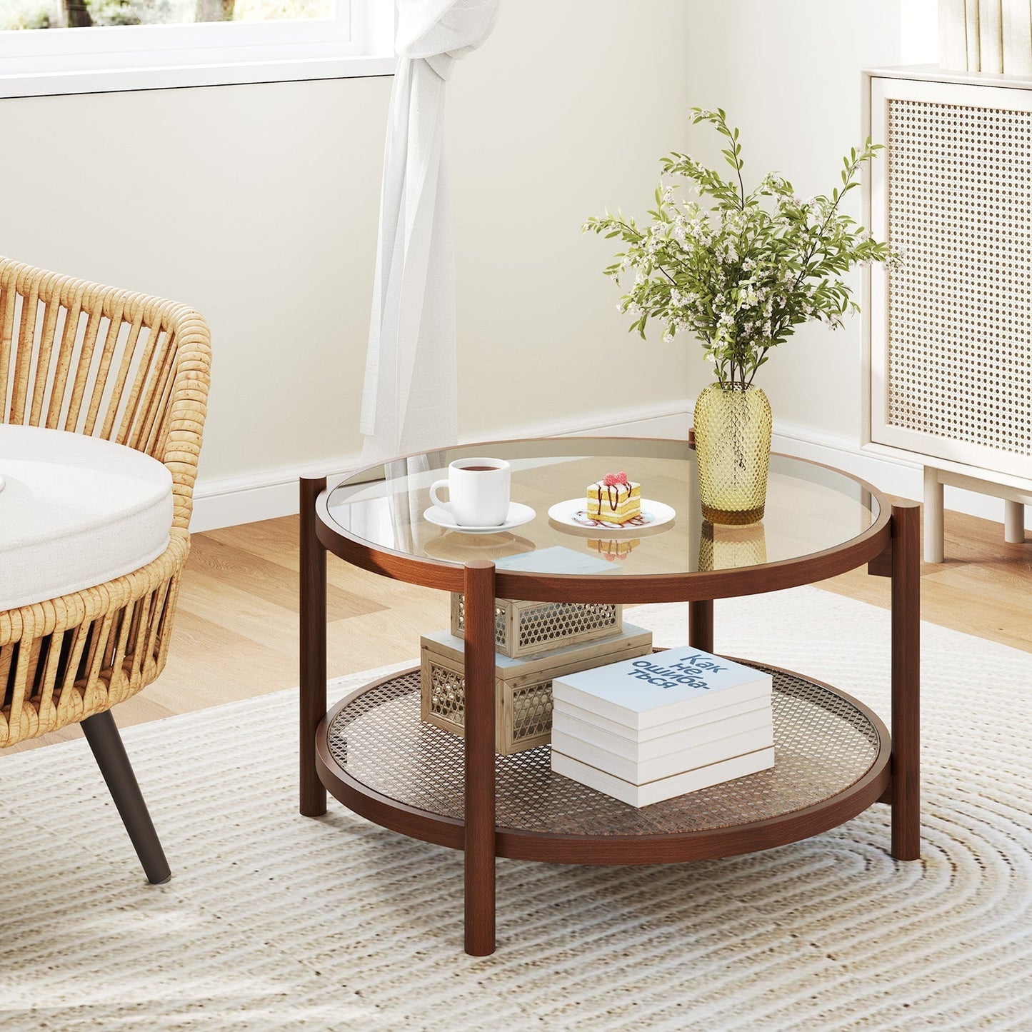 78cm Round Coffee Table with Tempered Glass Top-Natural