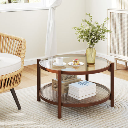 78cm Round Coffee Table with Tempered Glass Top-Natural