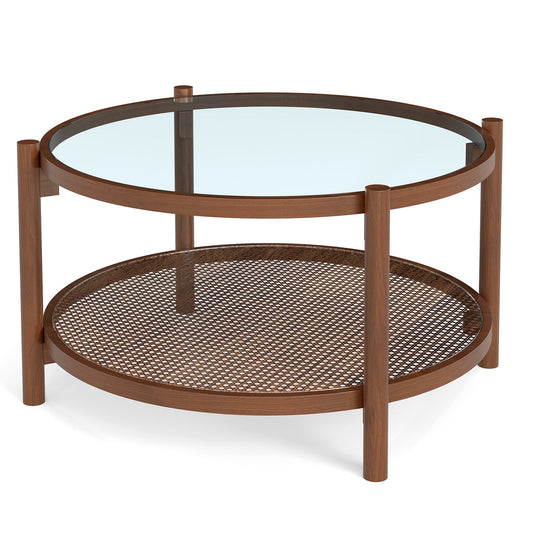 78cm Round Coffee Table with Tempered Glass Top-Natural