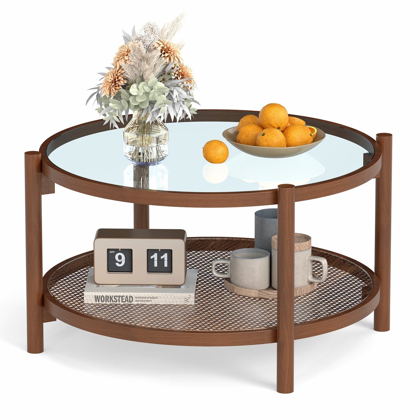 78cm Round Coffee Table with Tempered Glass Top-Natural