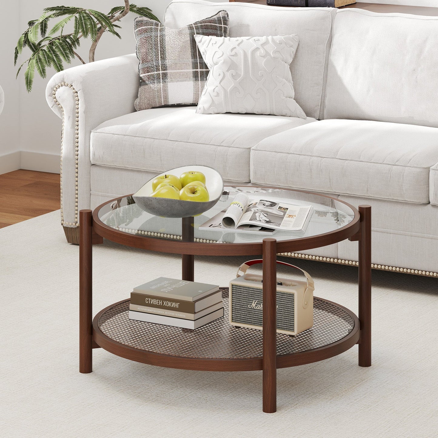 78cm Round Coffee Table with Tempered Glass Top-Natural
