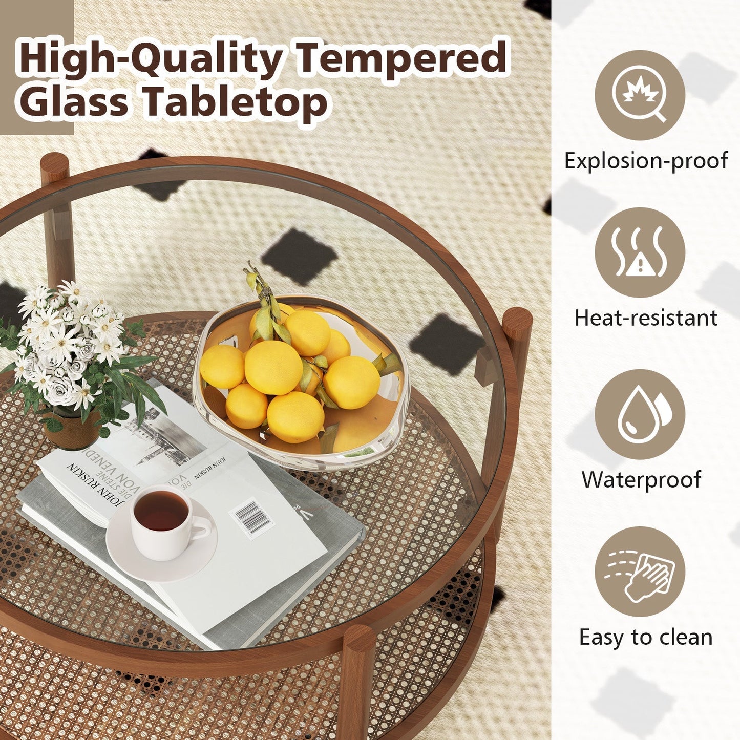 78cm Round Coffee Table with Tempered Glass Top-Natural