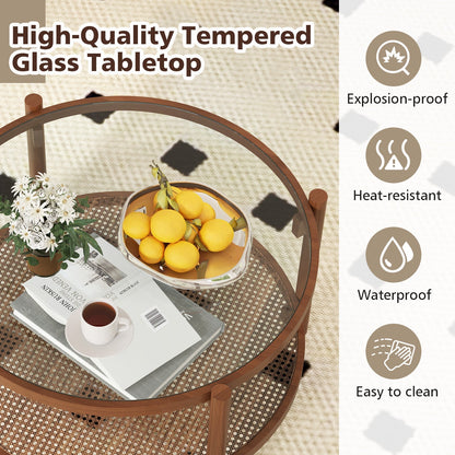 78cm Round Coffee Table with Tempered Glass Top-Natural
