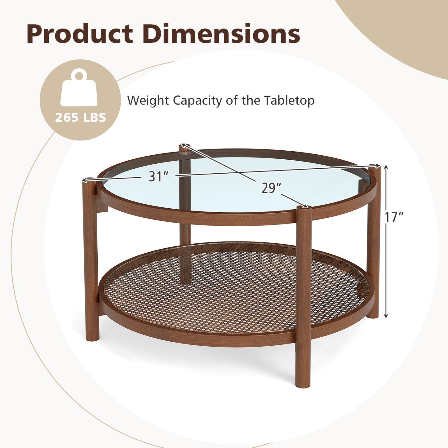 78cm Round Coffee Table with Tempered Glass Top-Natural