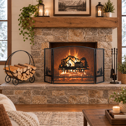 Collapsible Firewood Log Hoop and 3 Panel Fireplace Screen