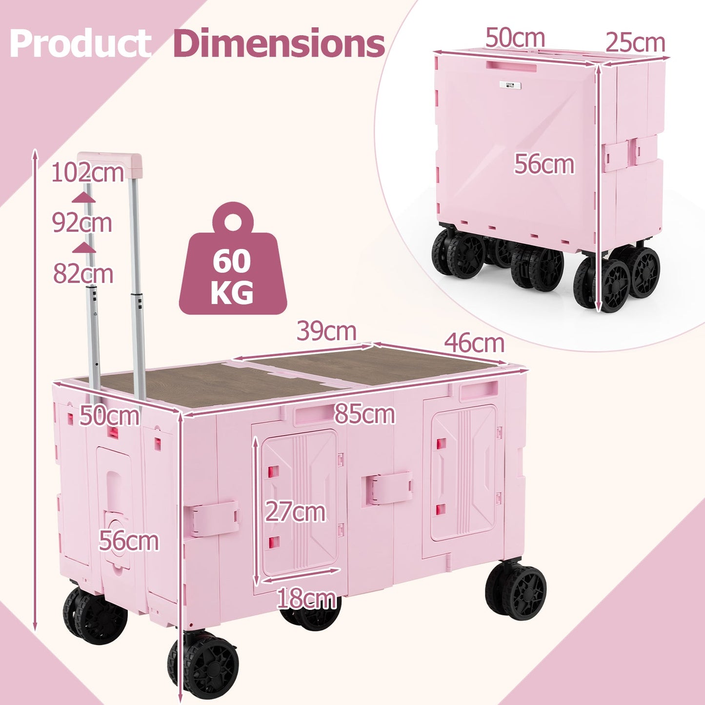 Collapsible Wagon Cart Foldable Utility Cart with Telescoping Handle-Pink