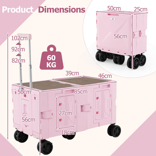 Collapsible Wagon Cart Foldable Utility Cart with Telescoping Handle-Pink