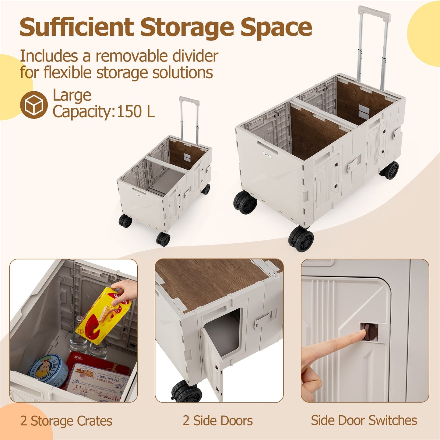 Collapsible Wagon Cart Foldable Utility Cart with Telescoping Handle-White