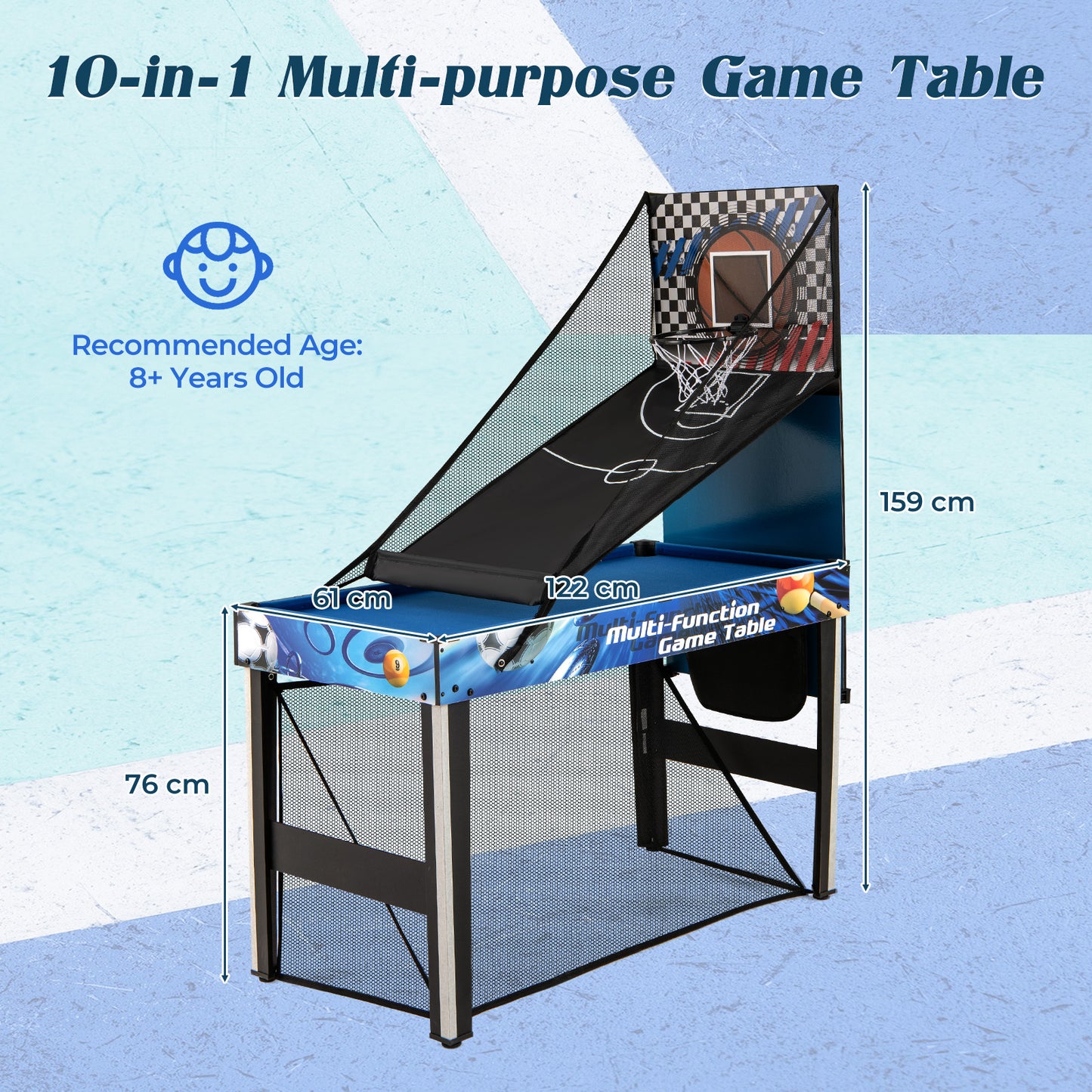 10-in-1 Combo Game Table Set Multi Game Table with Table Tennis-Blue