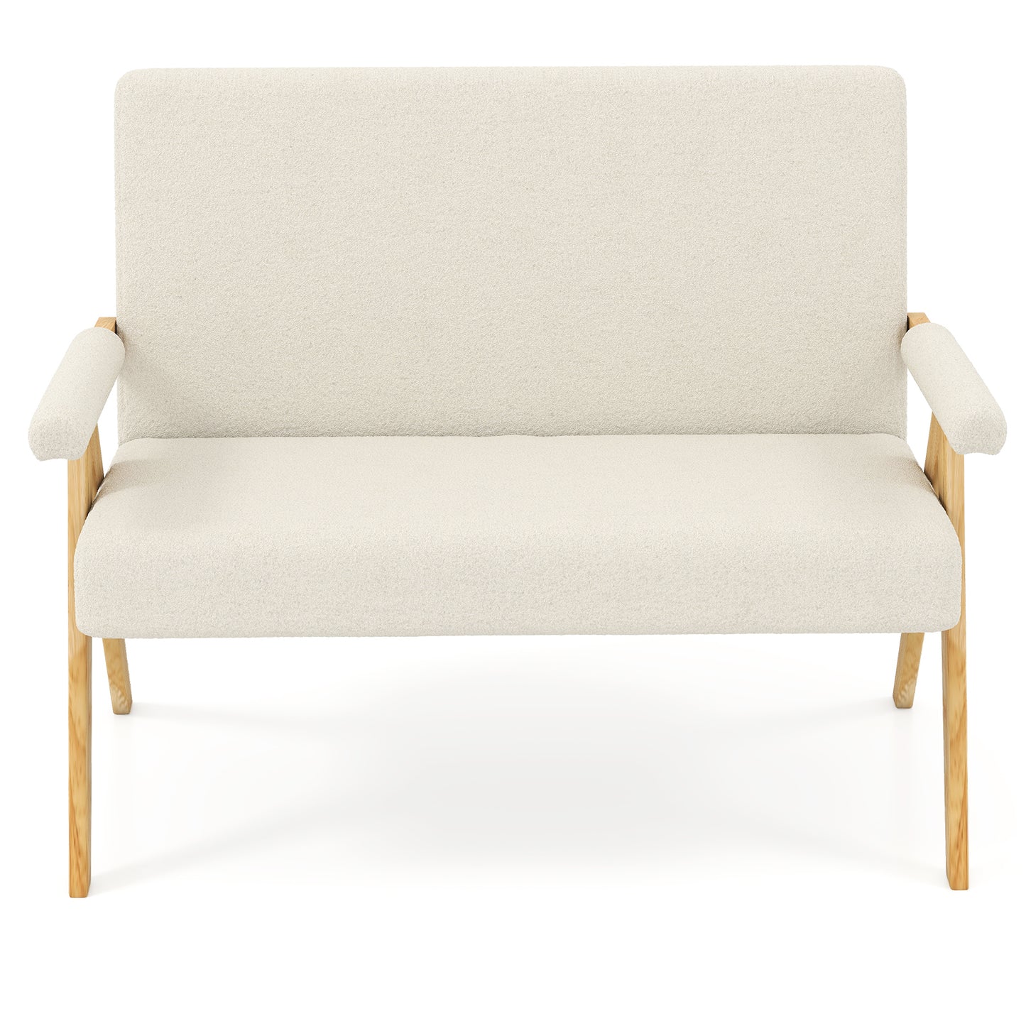 Comfy Upholstered Sherpa Couch with Armrests and Wooden Legs-Beige