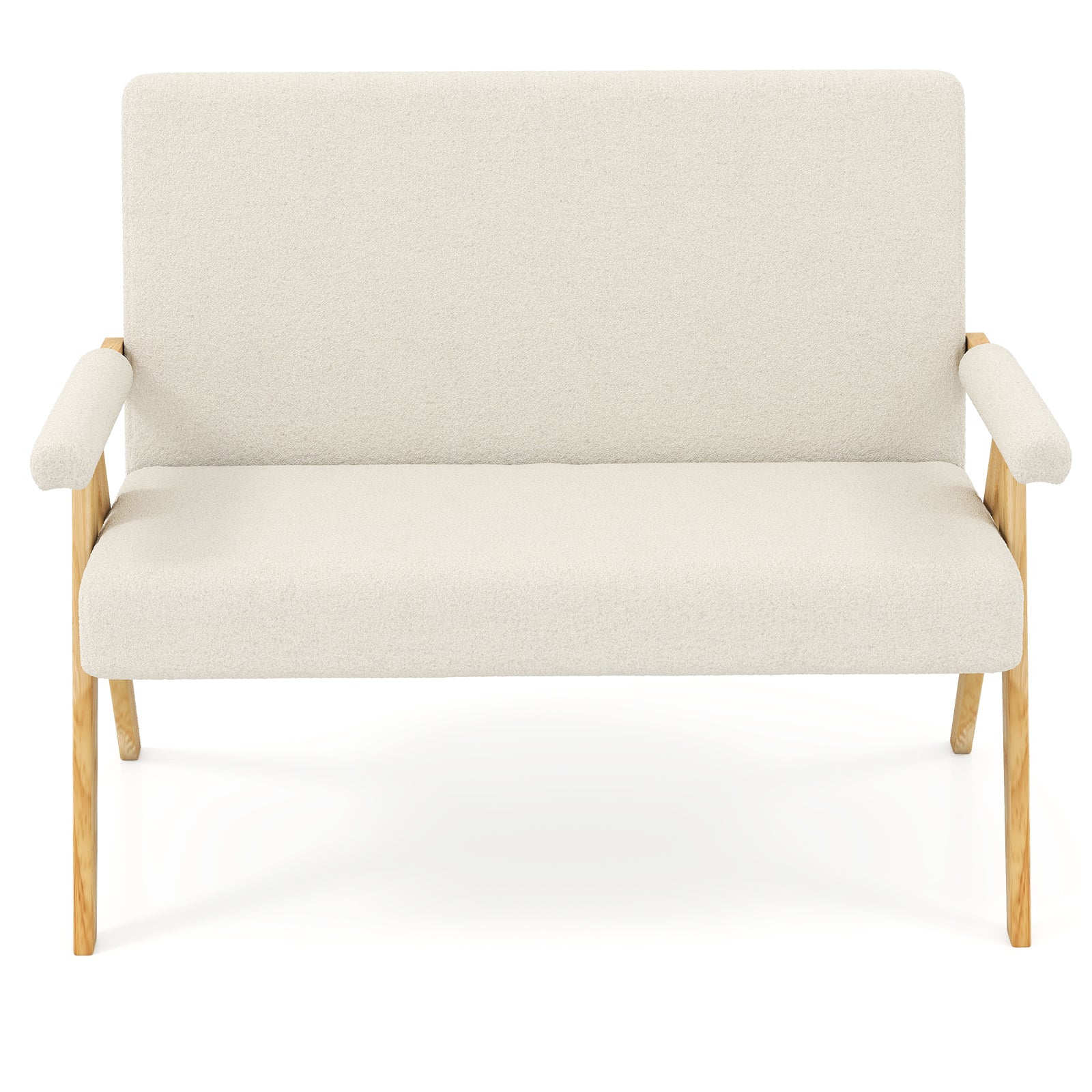 Comfy Upholstered Sherpa Couch with Armrests and Wooden Legs-Beige