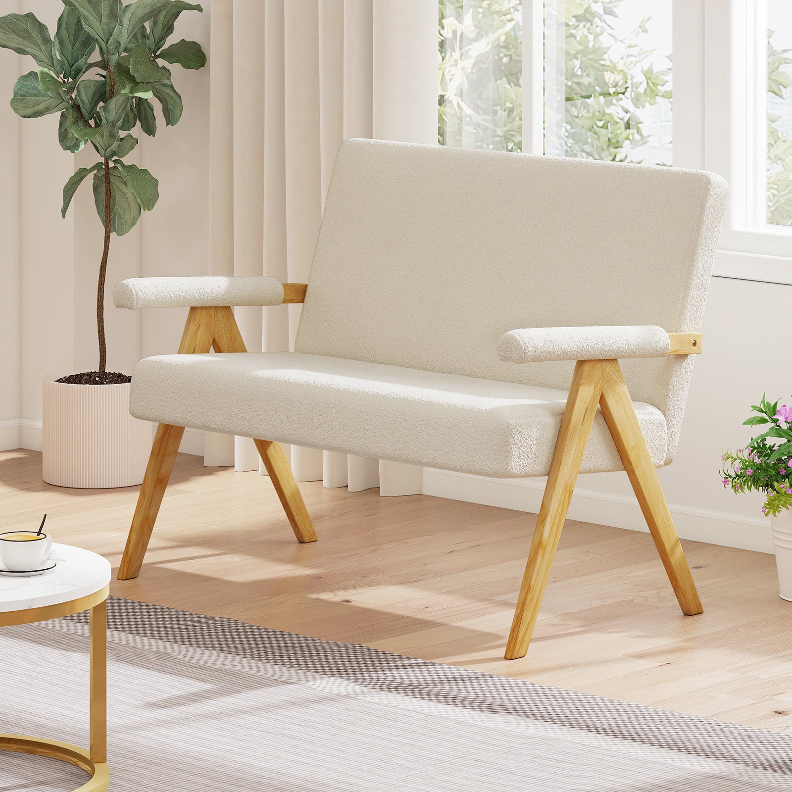Comfy Upholstered Sherpa Couch with Armrests and Wooden Legs-Beige