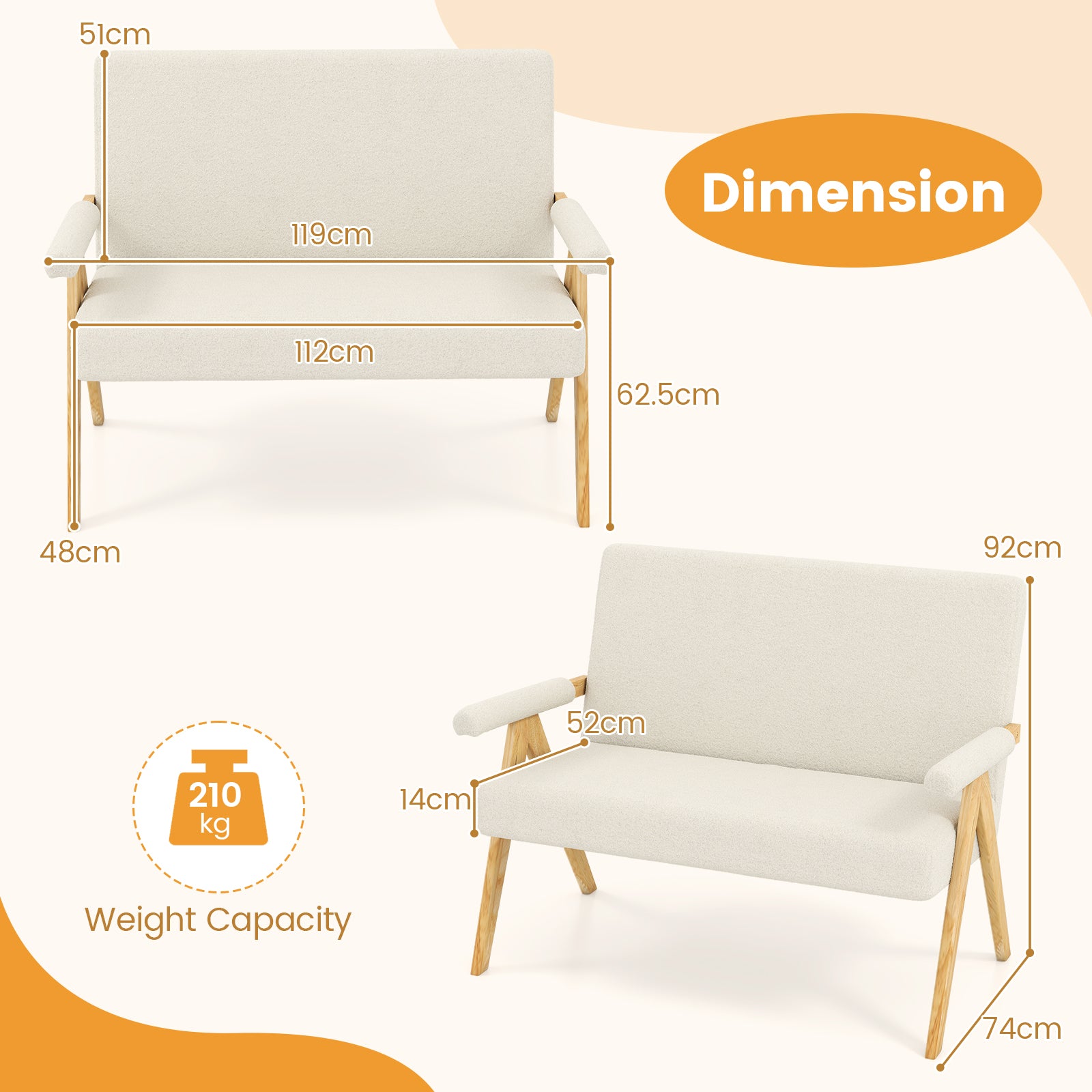Comfy Upholstered Sherpa Couch with Armrests and Wooden Legs-Beige