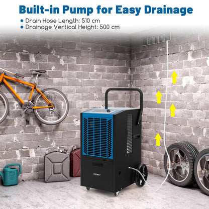 66 L/Day Commercial Dehumidifier with Pump and Drain Hose for Basement Warehouse Job Site-Blue