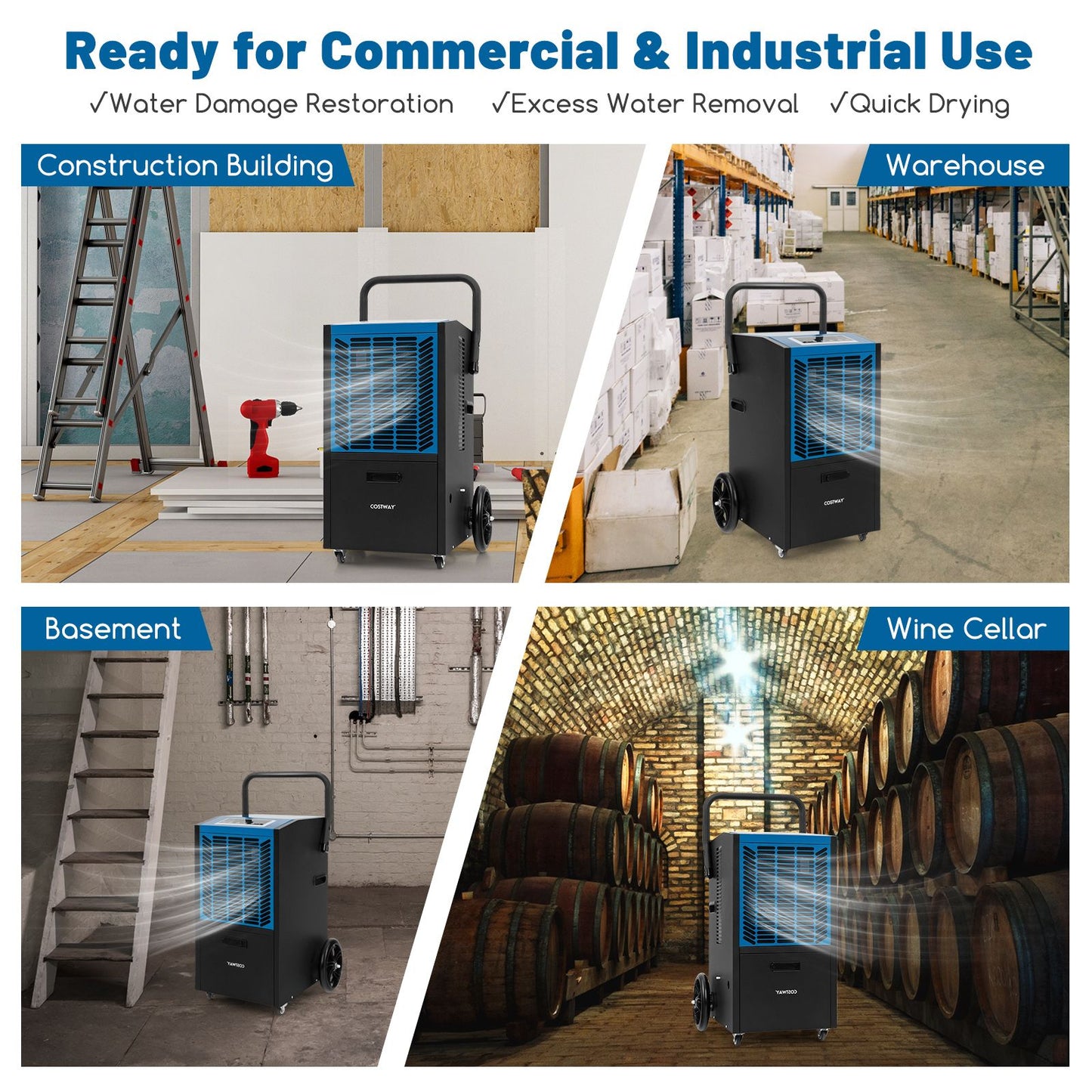 66 L/Day Commercial Dehumidifier with Pump and Drain Hose for Basement Warehouse Job Site-Blue