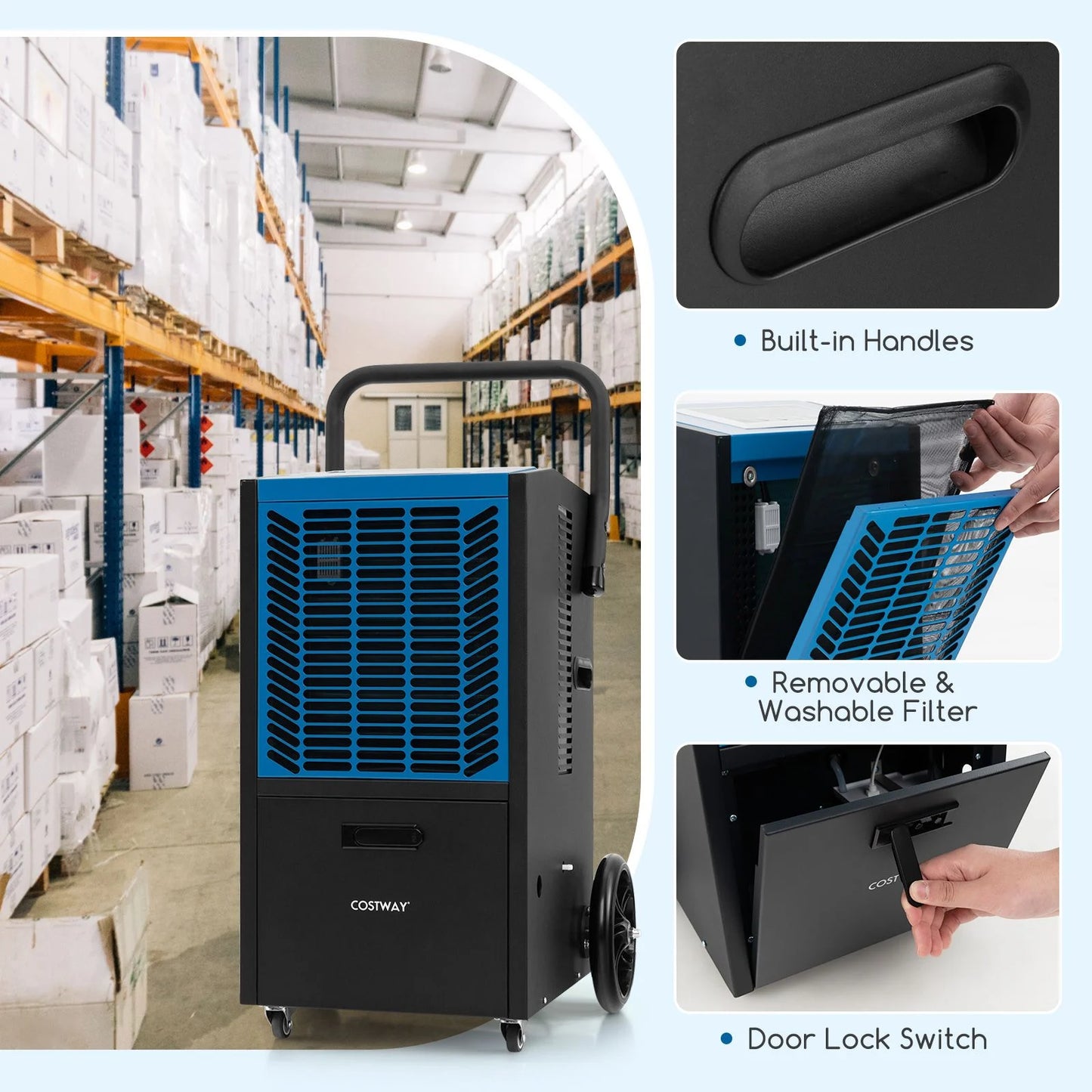 66 L/Day Commercial Dehumidifier with Pump and Drain Hose for Basement Warehouse Job Site-Blue