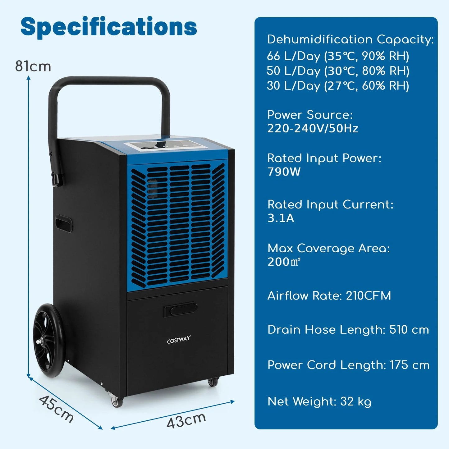 66 L/Day Commercial Dehumidifier with Pump and Drain Hose for Basement Warehouse Job Site-Blue