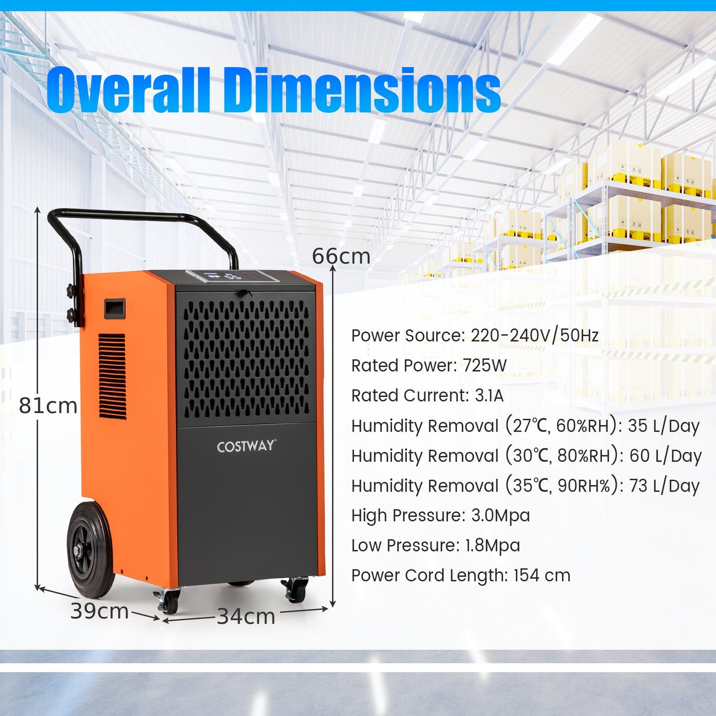 73 L/Day Commercial Dehumidifier with Drain Hose and Timer-Orange