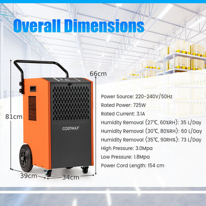 73 L/Day Commercial Dehumidifier with Drain Hose and Timer-Orange