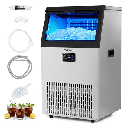 Commercial Ice Maker with 16 kg Storage Capacity and Adjustable Ice Cube Thickness-Silver