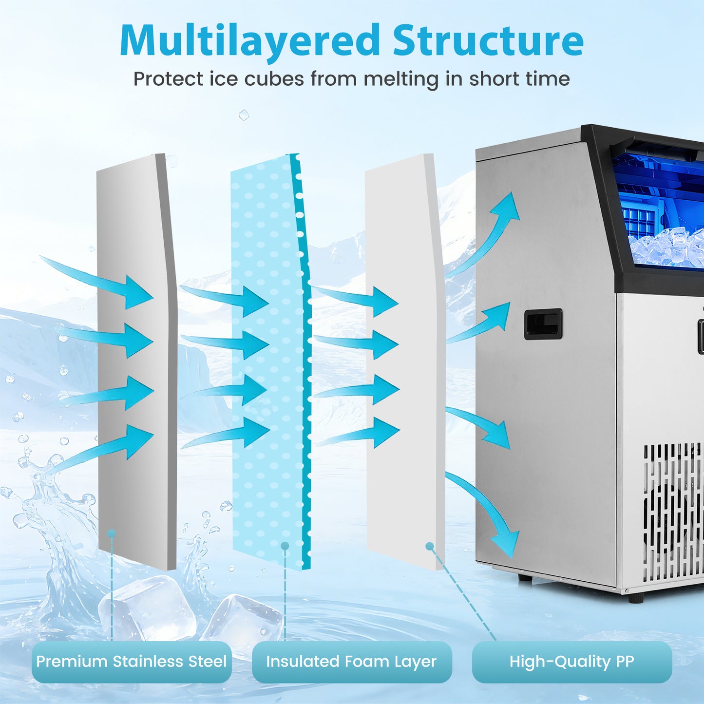 Commercial Ice Maker with 16 kg Storage Capacity and Adjustable Ice Cube Thickness-Silver