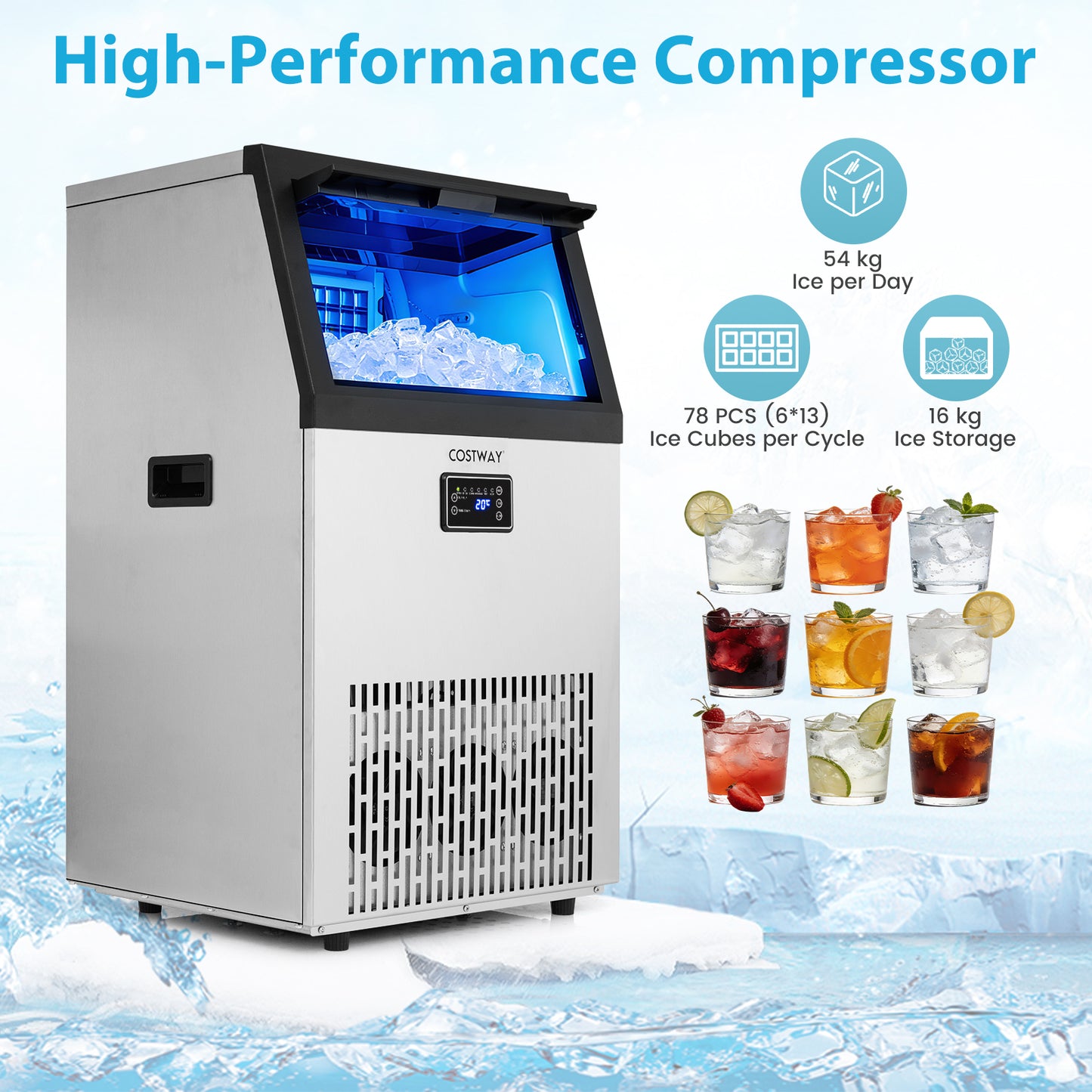 Commercial Ice Maker with 16 kg Storage Capacity and Adjustable Ice Cube Thickness-Silver