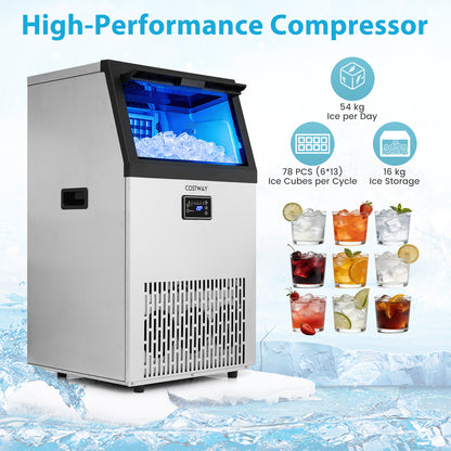 Commercial Ice Maker with 16 kg Storage Capacity and Adjustable Ice Cube Thickness-Silver