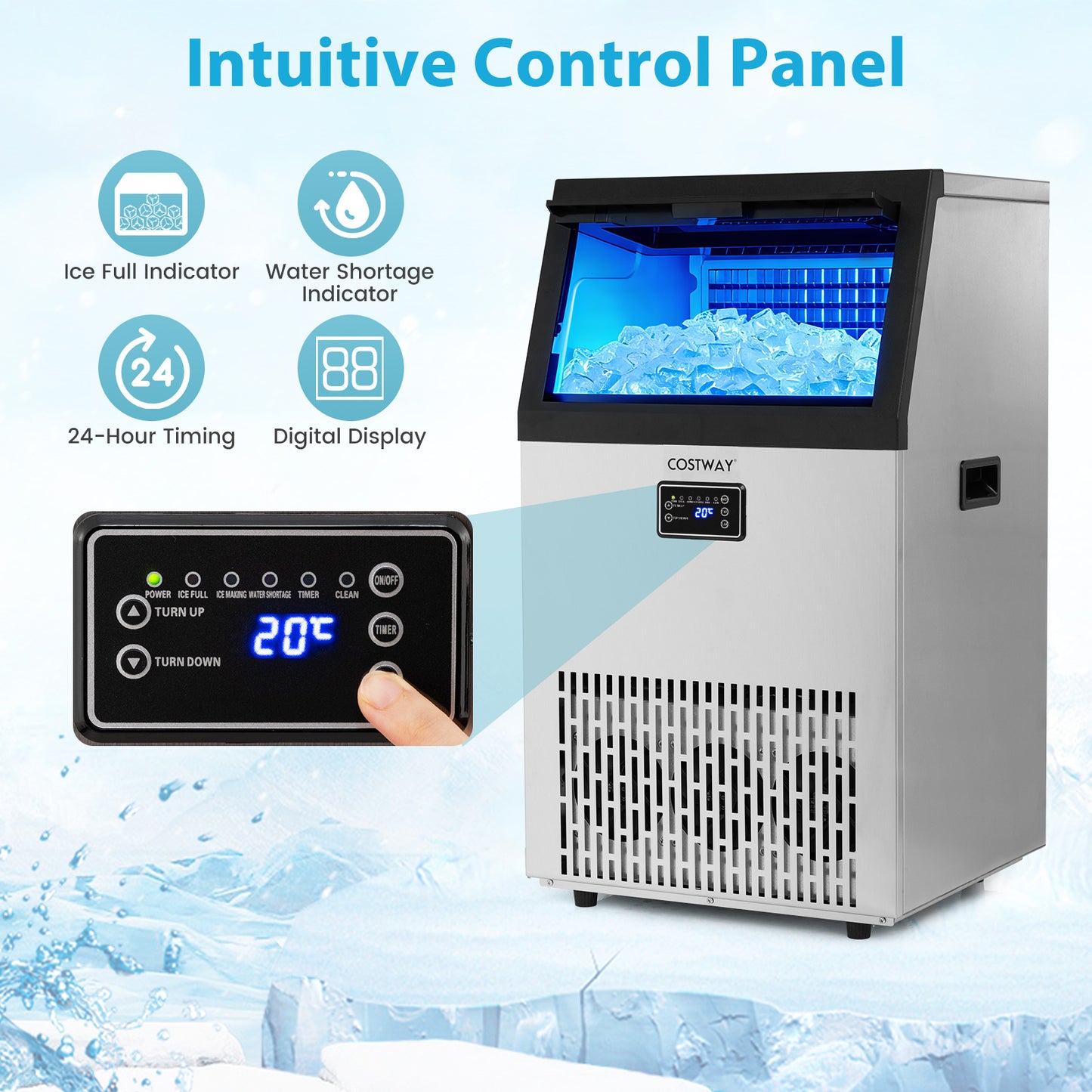 Commercial Ice Maker with 16 kg Storage Capacity and Adjustable Ice Cube Thickness-Silver