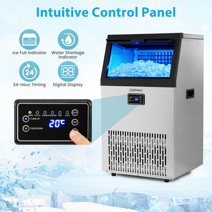 Commercial Ice Maker with 16 kg Storage Capacity and Adjustable Ice Cube Thickness-Silver