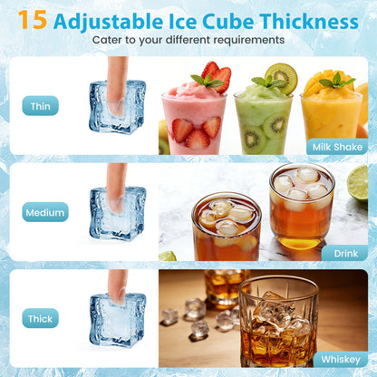 Commercial Ice Maker with 16 kg Storage Capacity and Adjustable Ice Cube Thickness-Silver