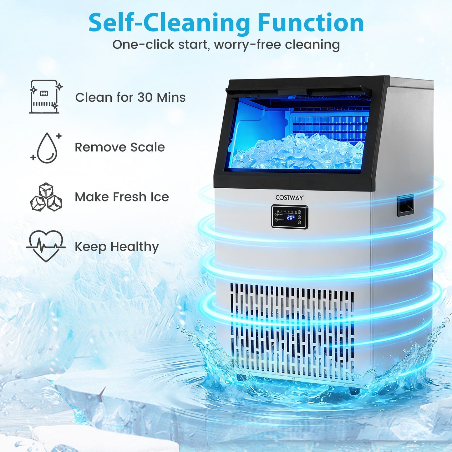 Commercial Ice Maker with 16 kg Storage Capacity and Adjustable Ice Cube Thickness-Silver